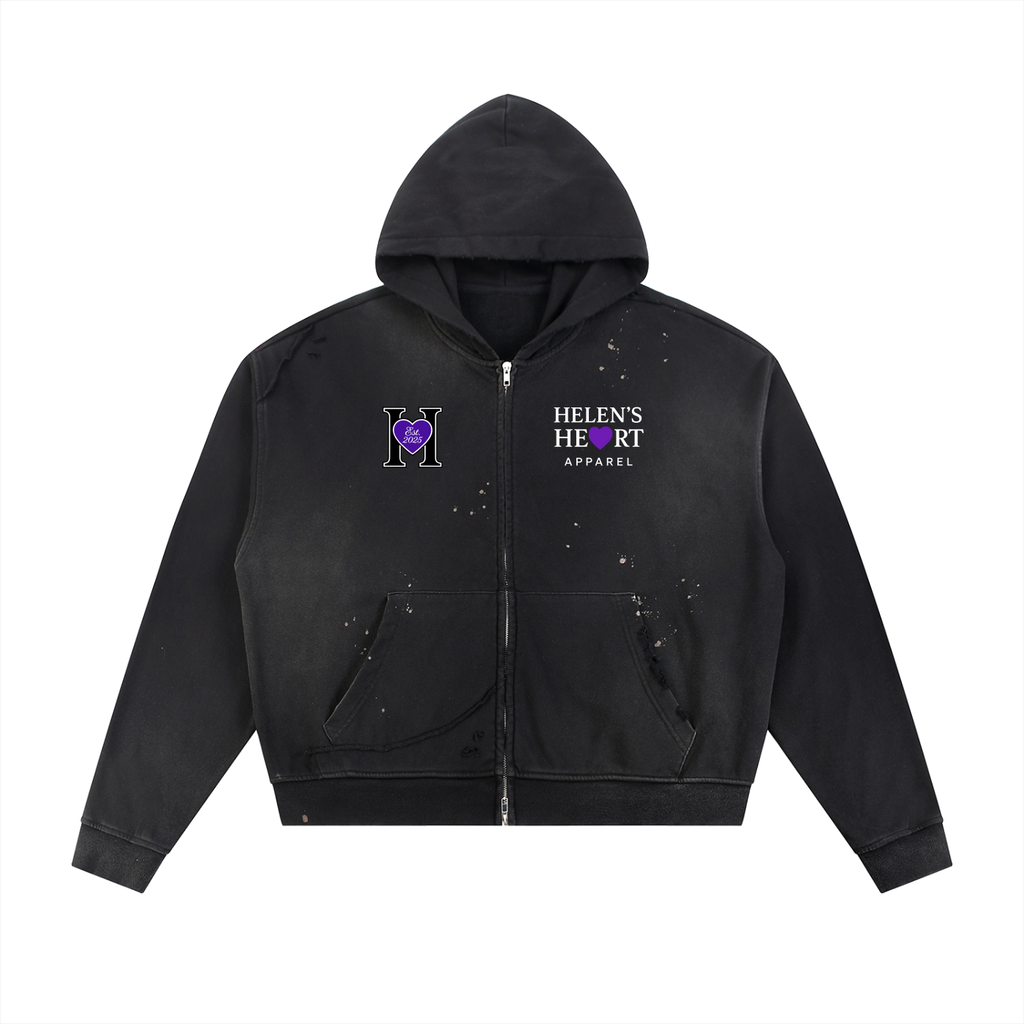 Sun Fade Frayed Raw Edge Fleece Zip Hoodie